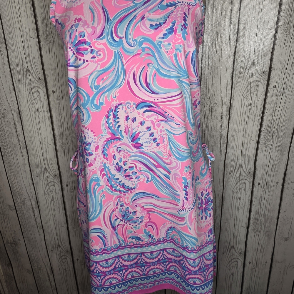Lilly Pulitzer Mila Shift Romper | Built-in Shorts | Pink Blue Tropical | 6 - Picture 4 of 13